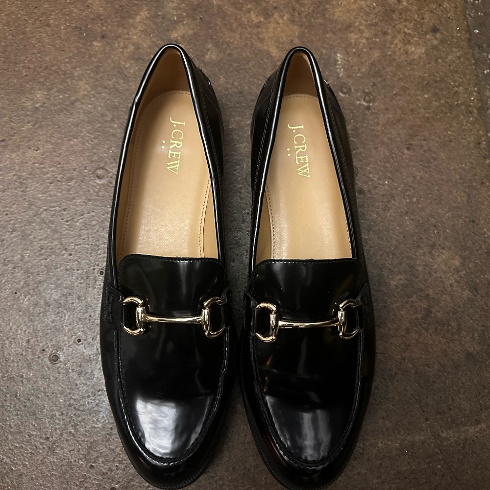 J Crew Loafers Black Gold Buckle 10